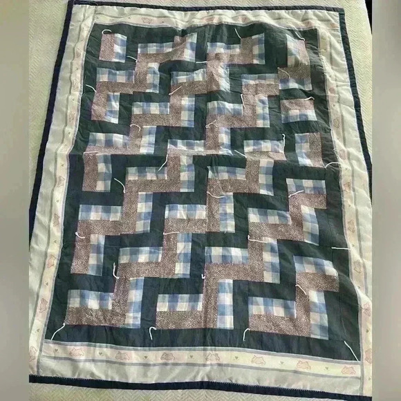 homemade Other - Baby Quilt Blanket Blue Bunnies Patchwork Handmade Size 35.5x43in Boy Or Girl